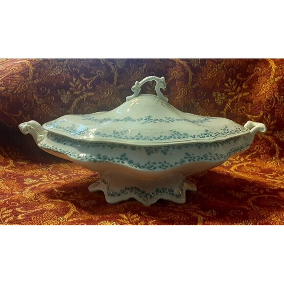 Antique Lidded Oval Tureen WH Grindley & Co Flow Blue Aldine Pattern - Picture 5 of 12